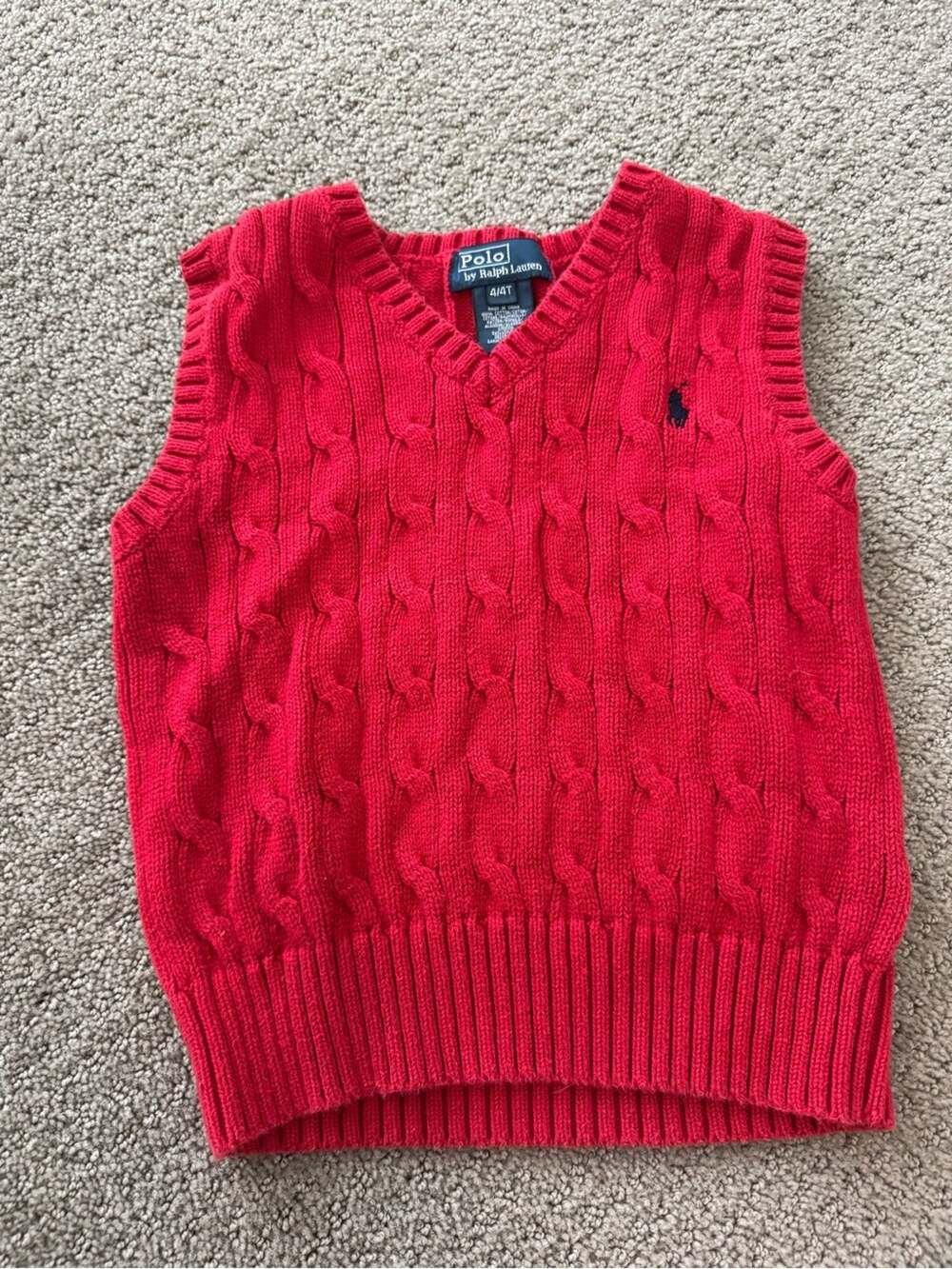 Kids 4T Polo by Ralph Lauren Red Cable-Knit V-Neck Sweater Vest with Navy Pony